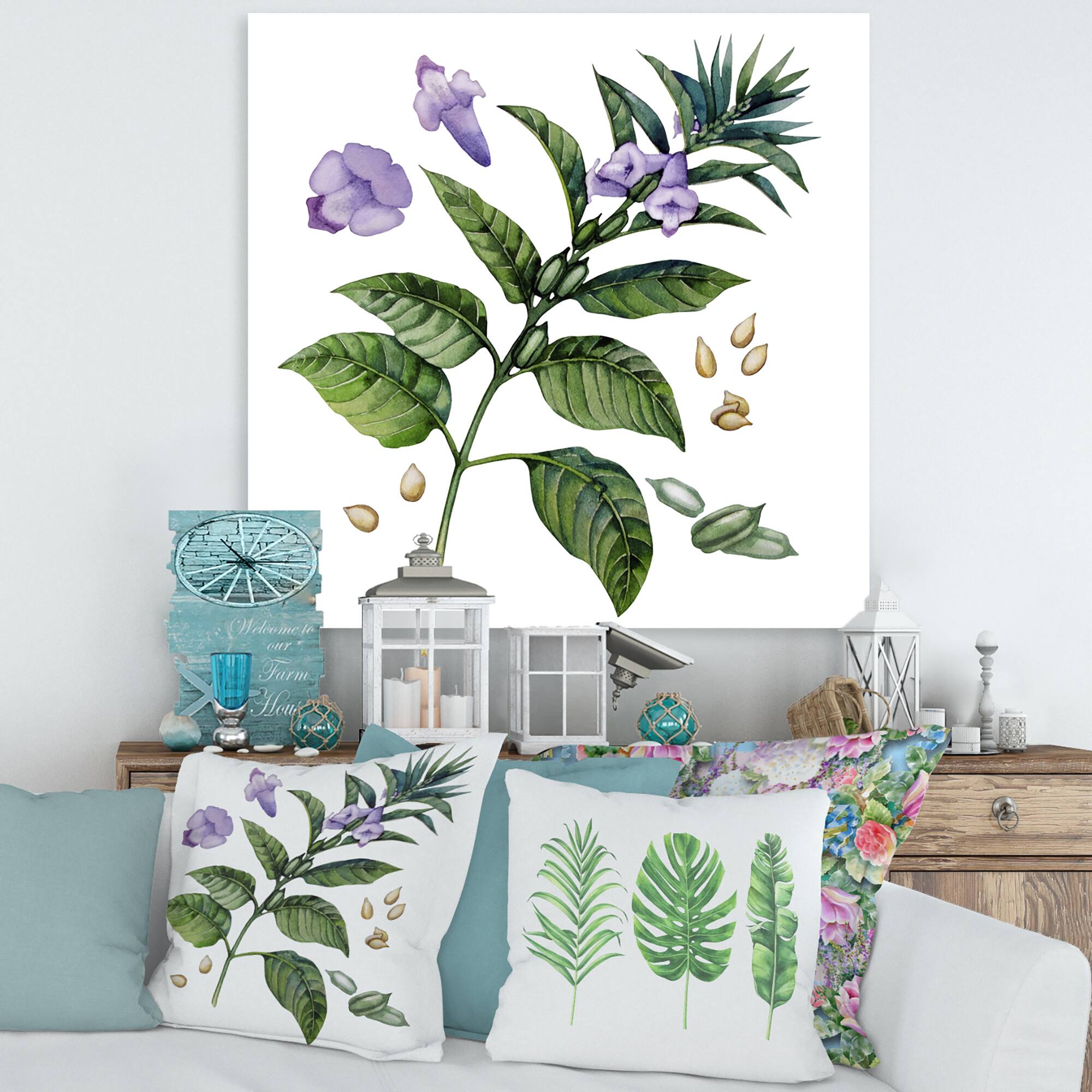 Designart - Purple Sesame Flowers WIth Green Leaves